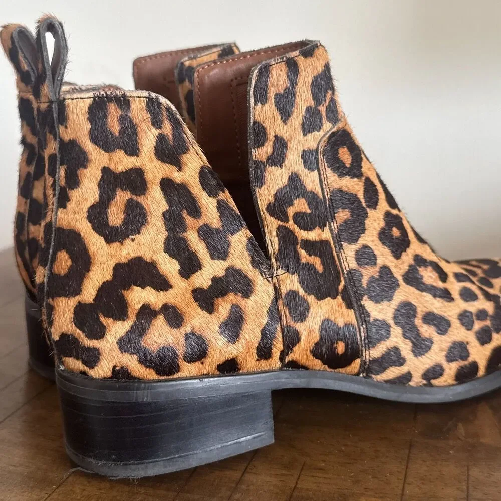Franco Sarto Leopard Calf Hair Chelsea Ankle Boots Women's 8M Leather Booties